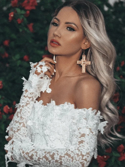 Fashion Elegant Chiffon Floral Dresses For Women High Waist Wrap White Dress Summer Hollow Long Sleeve Sexy Dress Rropa De Mujer