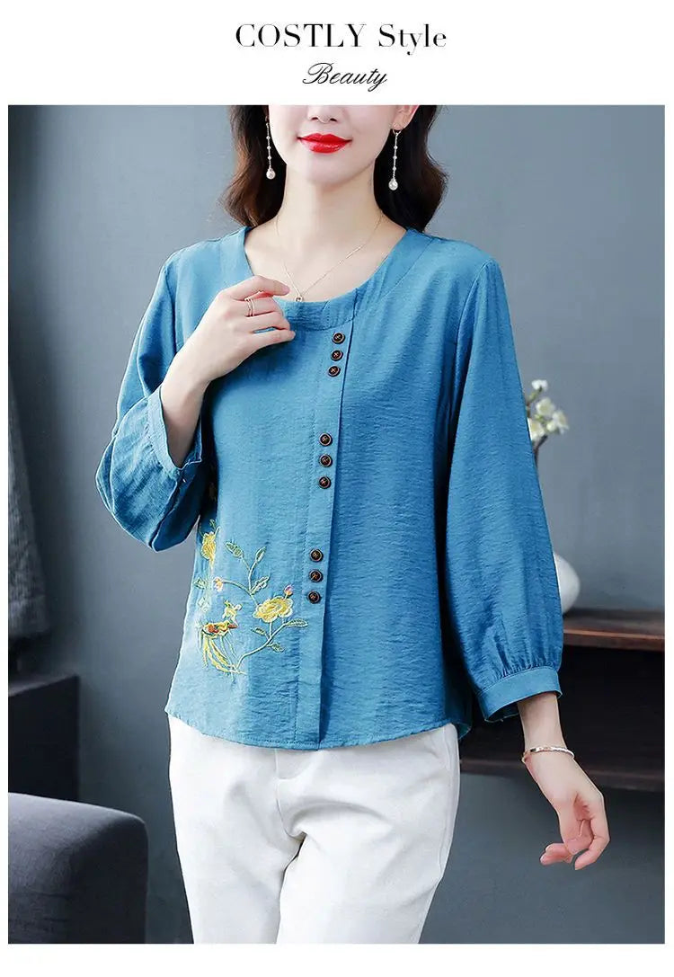 Summer Cotton Linen Embroidery Loose Casual Blouse Lady 3/4 Sleeve Vintage All-match Top Women Fashion Oversized Elegant Shirt