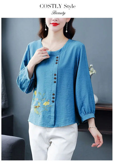 Summer Cotton Linen Embroidery Loose Casual Blouse Lady 3/4 Sleeve Vintage All-match Top Women Fashion Oversized Elegant Shirt