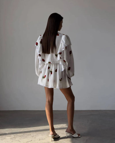 Women Cotton Linen Print Loose Suit Women Lantern Sleeve Ruffles V-neck Patchwork Single-Breasted Top High Waist Mini Skirt Suit