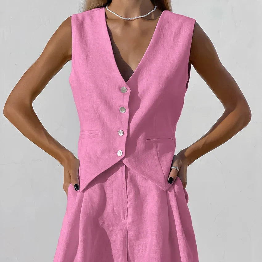 New Cotton Linen Vest Short Sets Casual Sleeveless Undershirt Shorts Sets for Women 2 Pieces Outfit Office Lady White Pant Sets