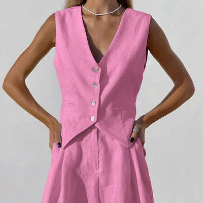 New Cotton Linen Vest Short Sets Casual Sleeveless Undershirt Shorts Sets for Women 2 Pieces Outfit Office Lady White Pant Sets