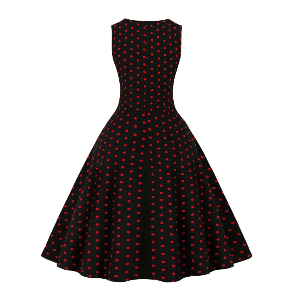 2025 New Women Party Dress Dot Print Sleeveless A Line 50s Evening Gowns Red A-line Tight Waist Prom Banquet Summer Midi Dress