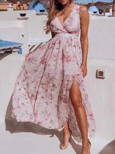 Summer Women Dress Floral Print Fashion Slim V-Neck Tie-Up Backless Chiffon Sexy Sleeveless Slit Maxi Cover-Ups Robe Beach Dress