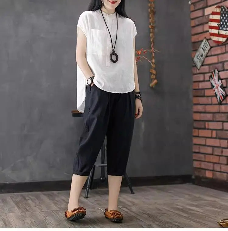 Artistic Style Cotton Linen Short Sleeves Shirt for Women Summer Solid Loose Stand Collar Temperament Top Fashion Women Clothing