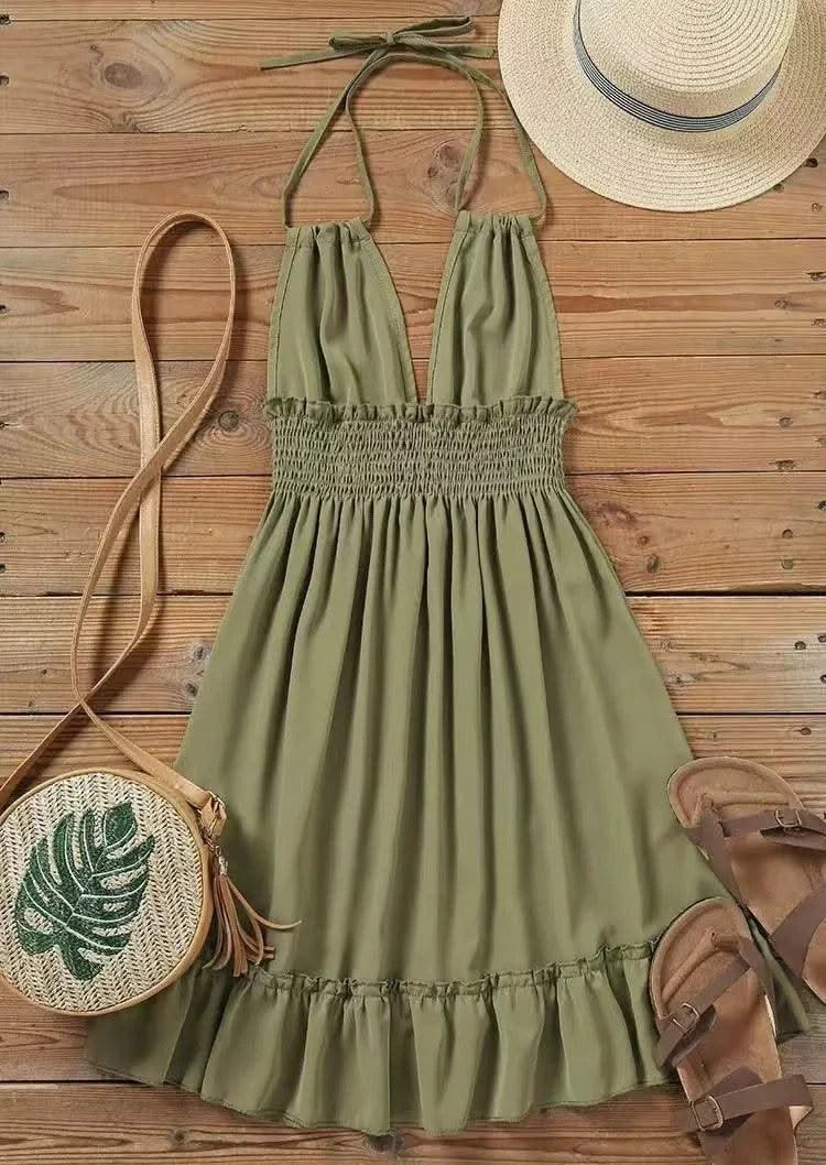 Summer Dresses For Women Trendy Solid Boho Dress V Neck Sleeveless Halter Backless Sundress Ruffles Holiday Beach Dresses