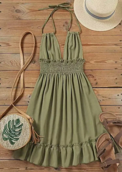 Summer Dresses For Women Trendy Solid Boho Dress V Neck Sleeveless Halter Backless Sundress Ruffles Holiday Beach Dresses