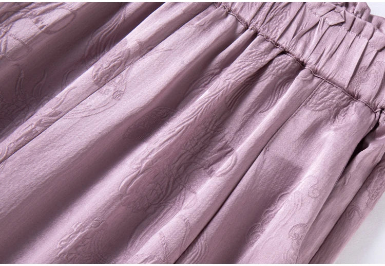 2025 Women's Fashion Spring New 100% Natural Mulberry Silk GuanLe Satin Fragrant Taro Purple High Waist Casual Wide Leg Pants