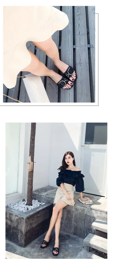 Summer Women Slippers Leather Square Toe Women Flats Flip Flops Designer Ladies Slides Sandals Women Shoes Luxury Sandals