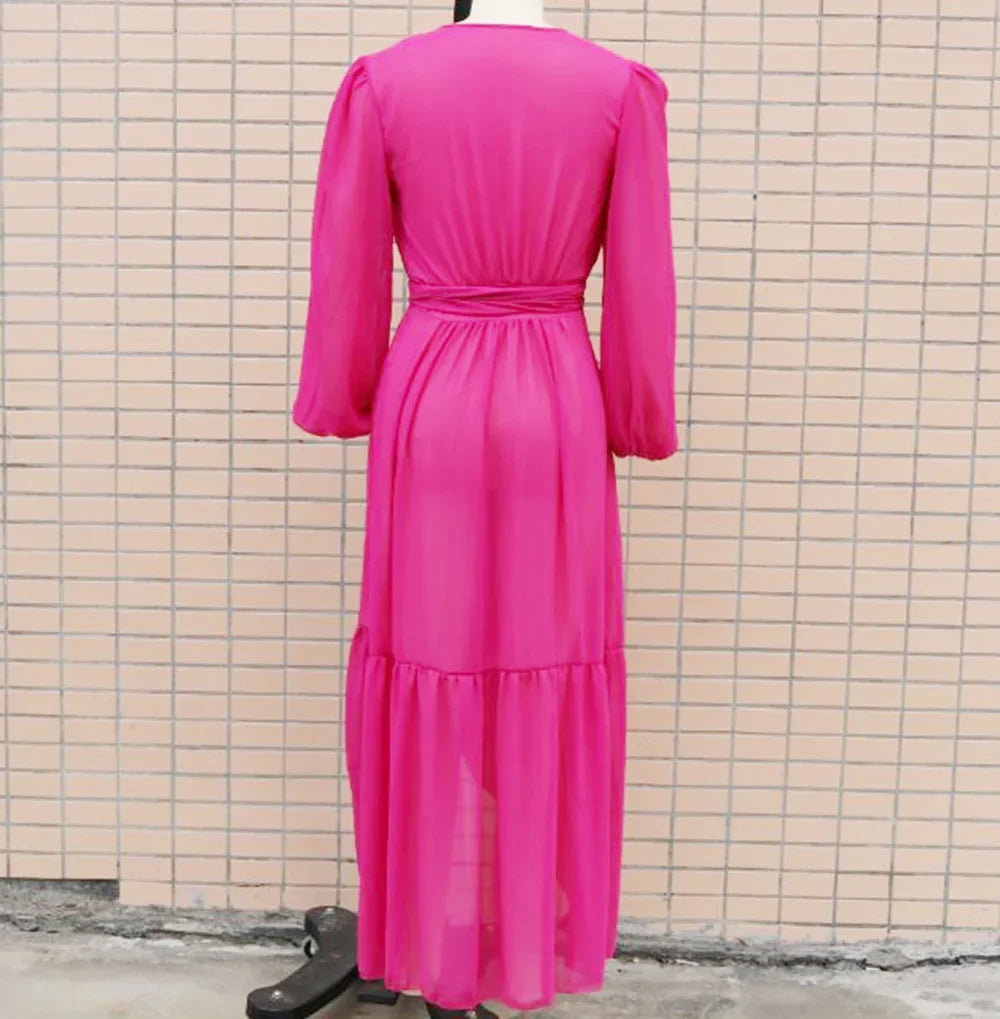 2024 New Lace Up Bikini Cover Ups for Women Maxi Dresses Solid Long Sleeve Beach Dress