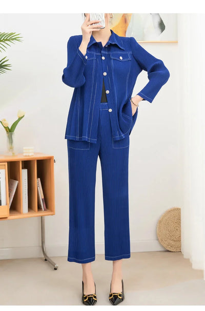Wrinkle fashion casual suit for women high-end and casual loose fit plus size shirt collar top straight leg pants [20240514]