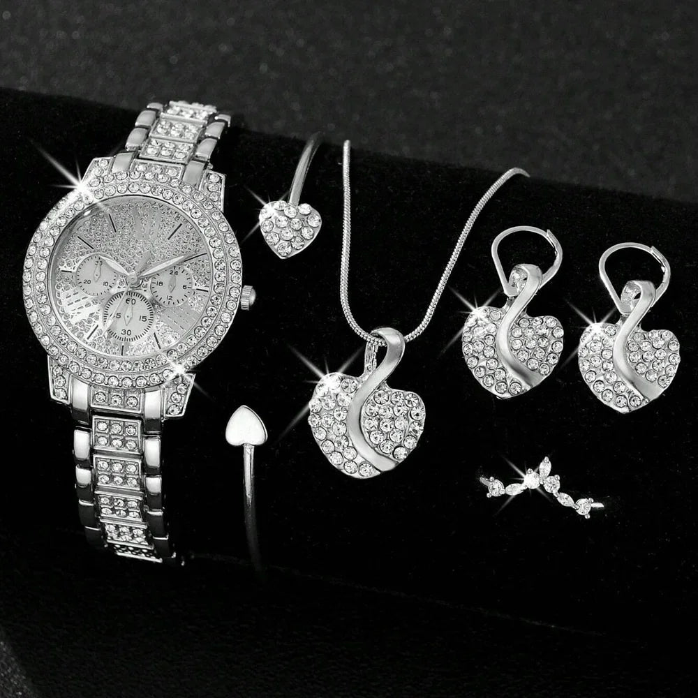 Women's Quartz Watch Gold Luxury Women Ring Necklace Earring Rhinestone Fashion Wristwatch Casual Ladies Watches Jewelry Set ﻿