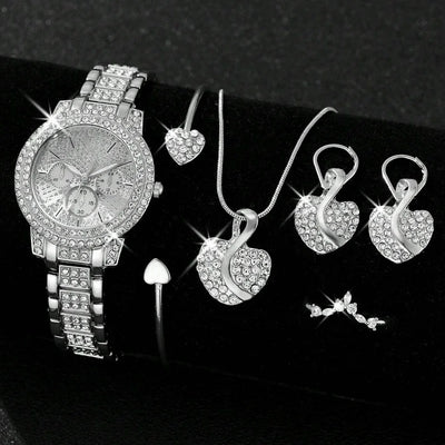 Women's Quartz Watch Gold Luxury Women Ring Necklace Earring Rhinestone Fashion Wristwatch Casual Ladies Watches Jewelry Set ﻿