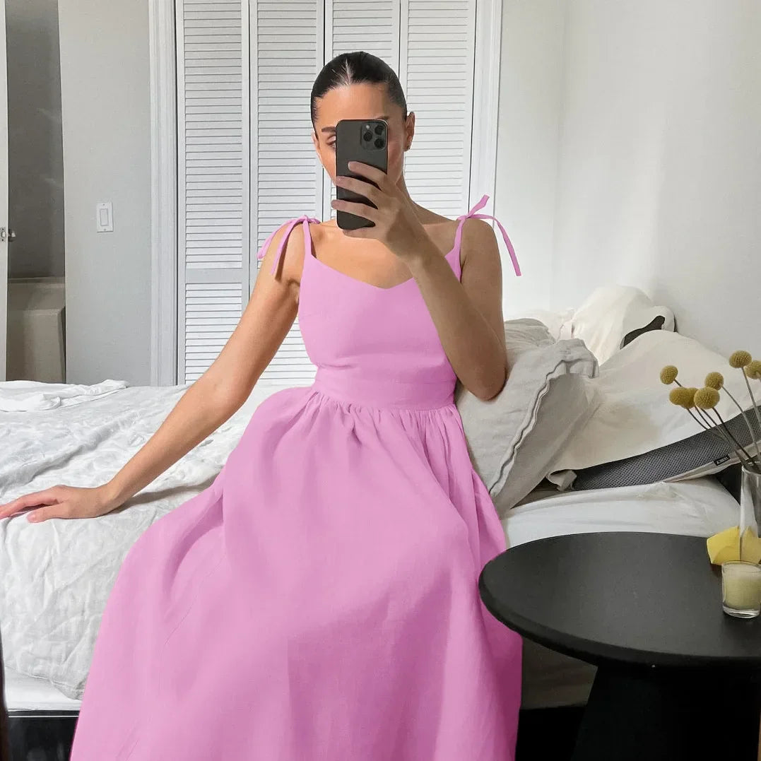 Cotton Linen Solid Color Spaghetti Strap Dresses Women Fashion Leace-up V-neck Backless Beach Vacation Long Dress Female New
