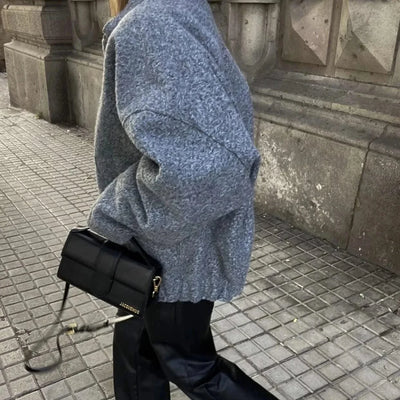 Woman's Oversized Bomber Jacket Autumn New Round Neck Long Sleeve Pocket Hidden Button Loose Jackets Coat Female Outerwear