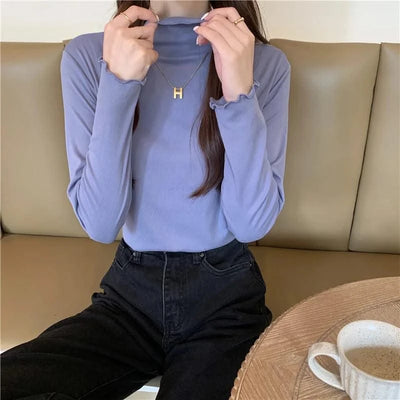 Skinny High Elastic Mock Neck Pullover Long Sleeve T-shirts For Women