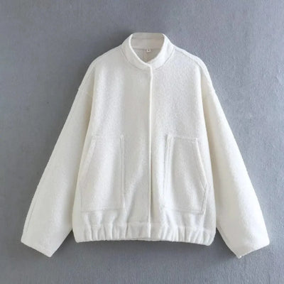 Woman's Oversized Bomber Jacket Autumn New Round Neck Long Sleeve Pocket Hidden Button Loose Jackets Coat Female Outerwear