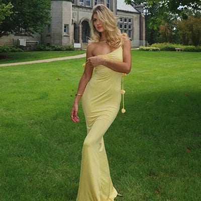 Summer Women Long Dresses Elegant Solid Color 3D Flower Decorated Straps Sleeveless Neck Wrap Maxi Evening Patry Dress