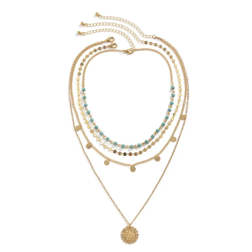 Seulement Gold Plated Layering Necklaces for Women Bohemian Style Turquoise Curb Link Tassels Chain Circle Pendants for Women