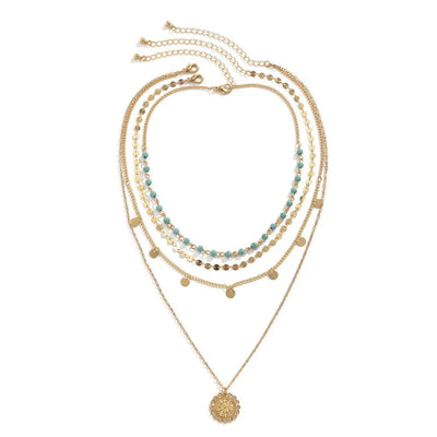 Seulement Gold Plated Layering Necklaces for Women Bohemian Style Turquoise Curb Link Tassels Chain Circle Pendants for Women