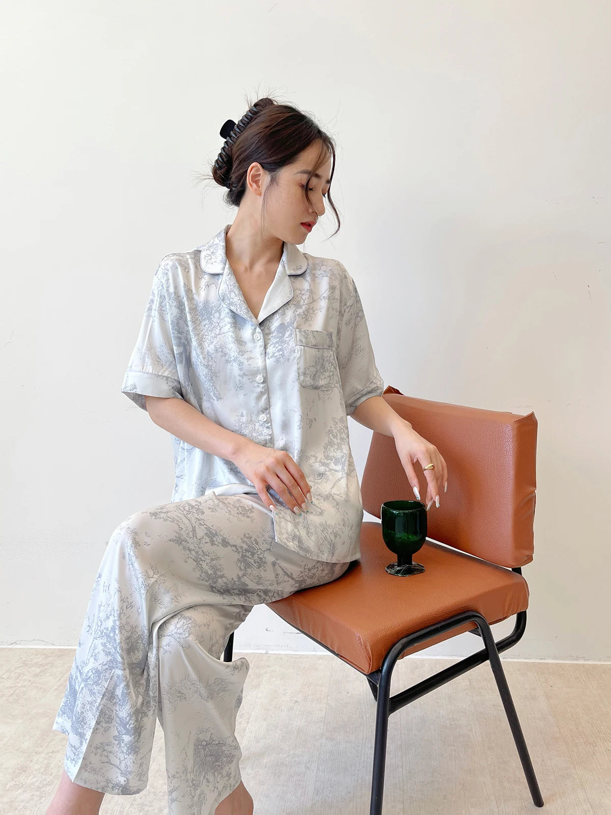 Fashion Elegant Female Pajamas Lounge Wear Set Sexy Print Flower Sleepwear Trouser Suits Spring Summer Loose Satin Home Wear
