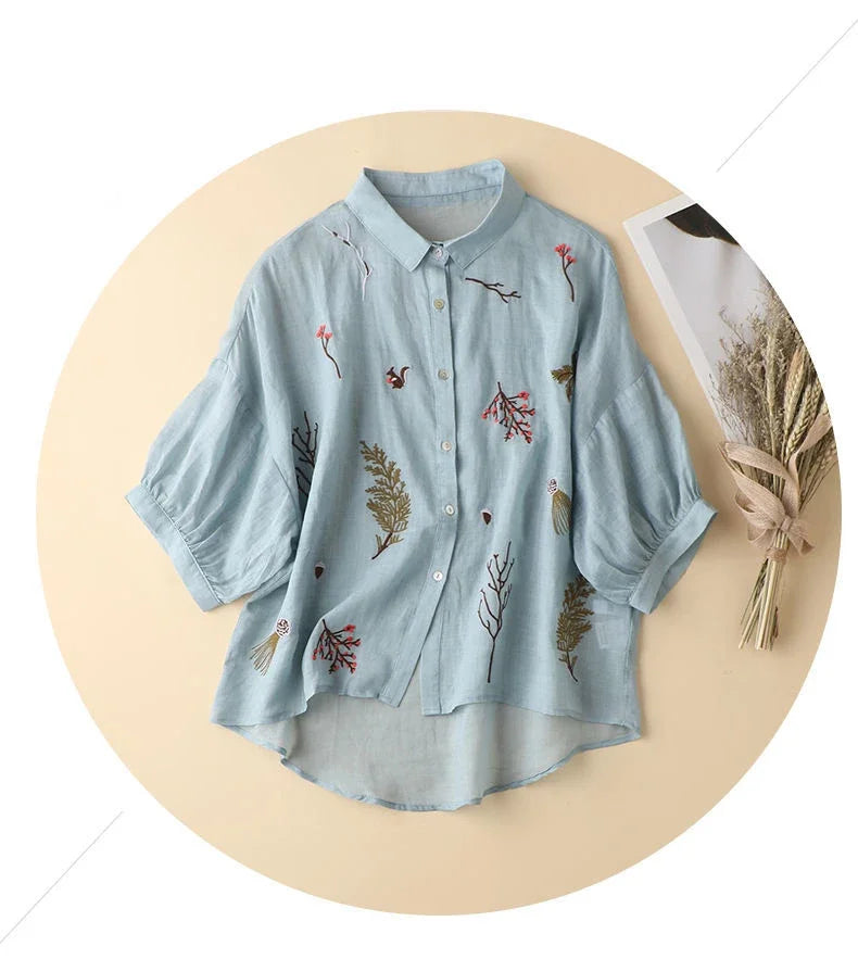 Summer Seven Point Cotton Linen Embroidered Shirt for Women 2024 New Literary Loose Temperament Lapel Casual Top for Women