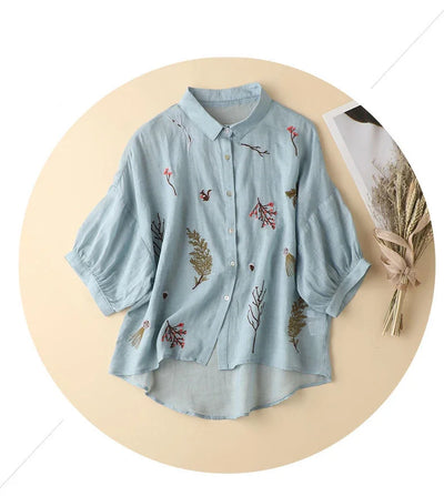 Summer Seven Point Cotton Linen Embroidered Shirt for Women 2024 New Literary Loose Temperament Lapel Casual Top for Women