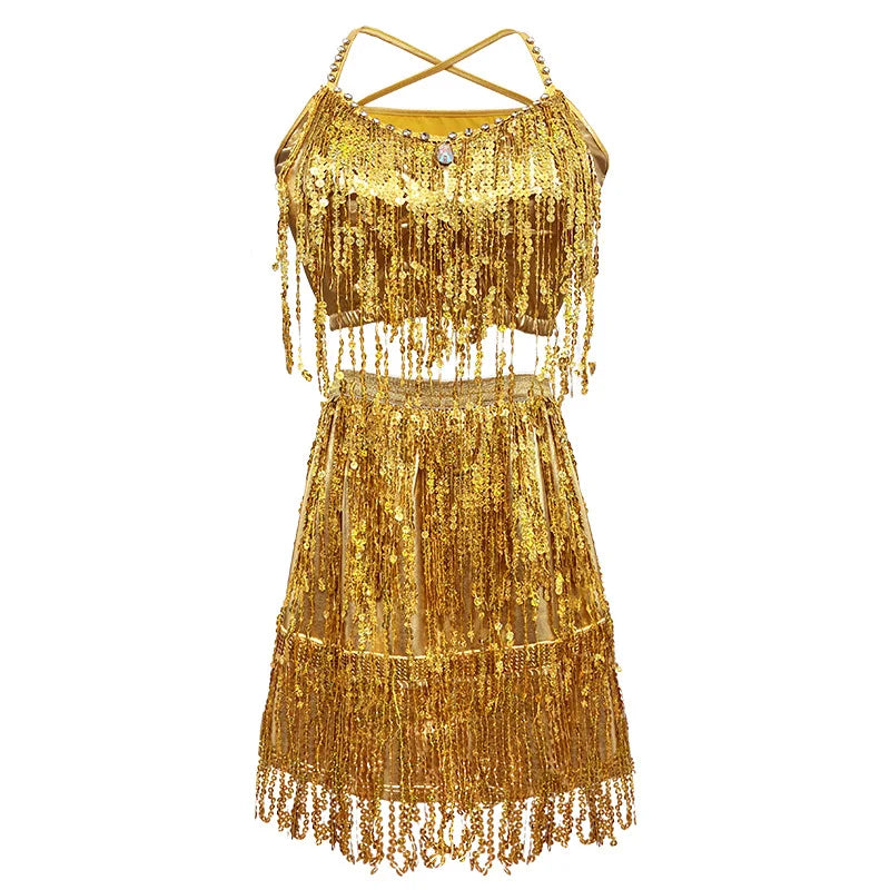 Adult Women Latin Dance Dress Halter Crop Top Glitter Fringe Half Skirt Stage Costume Sexy Gold Sliver Black Red