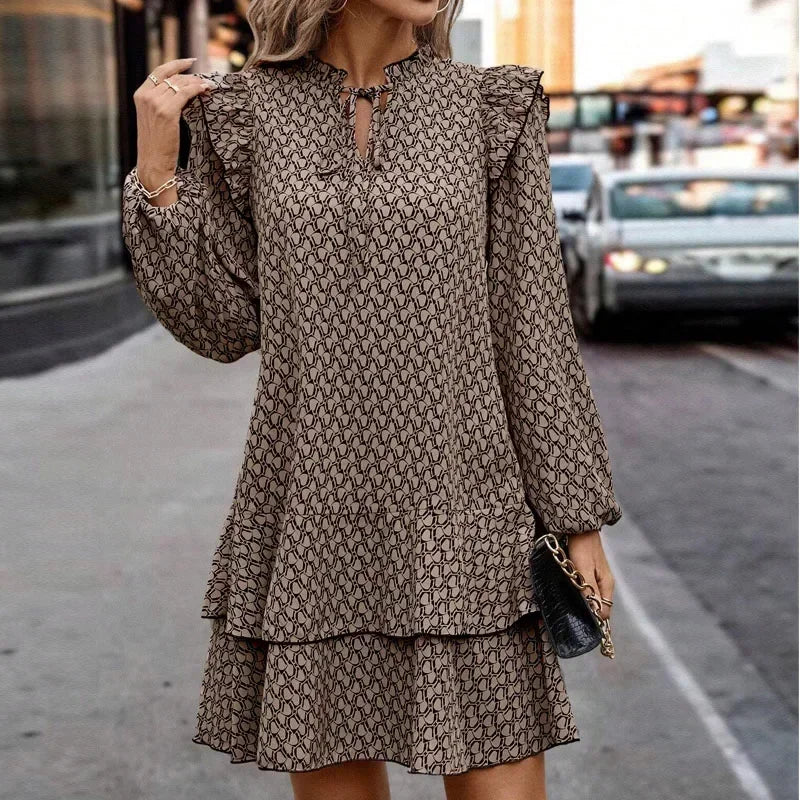 Dresses for Women 2025 Fashion Elegant Long Sleeve Print Women Dress V-Neck Lace-up Dress Women Vestidos De Verano Mujer Q23