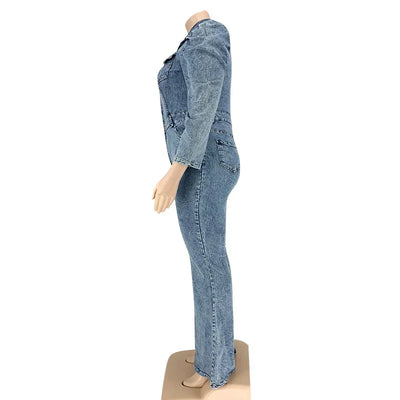 Full Length Overalls Women Jeans Bleached Washed Denim Mid Waist Jumpsuits Single Breasted Sashes Spliced Vintage Casual