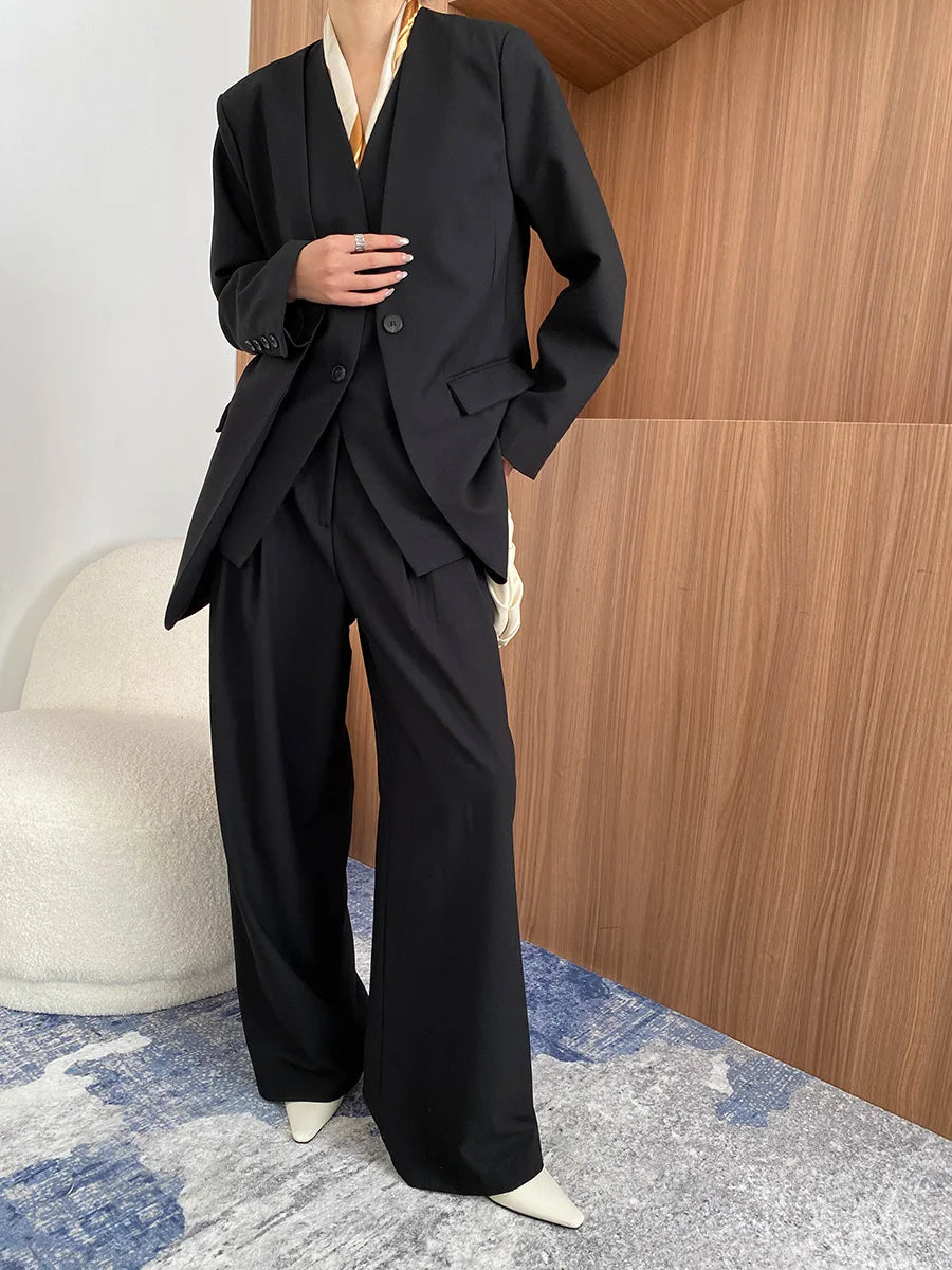 Spring and Autumn Women's Casual Solid Color Loose Jacket+V-neck Vest+Wide Leg Pants Set