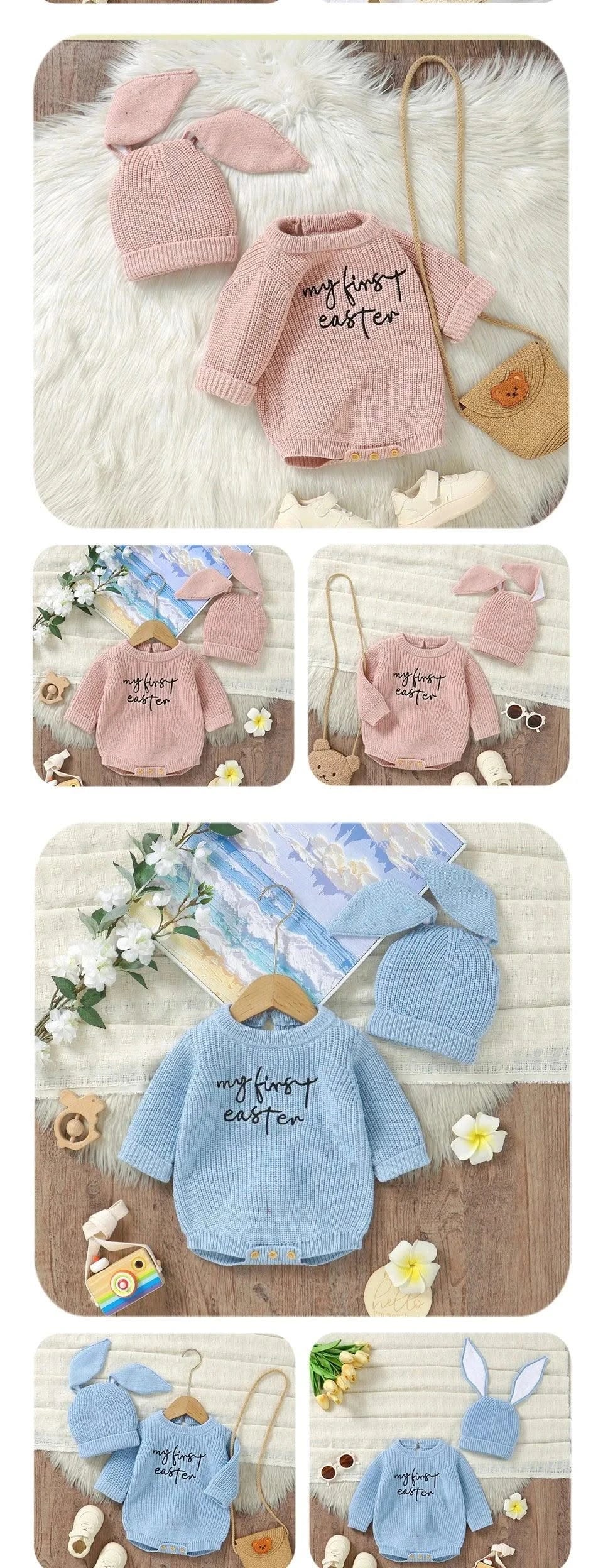 2pcs/Set 0-18m Knitted Jumpsuits Costume| Baby Rabbit Easter Clothes Sets |Cute Hats+ Bodysuits Spring Outfits for Newborn Boy Girl