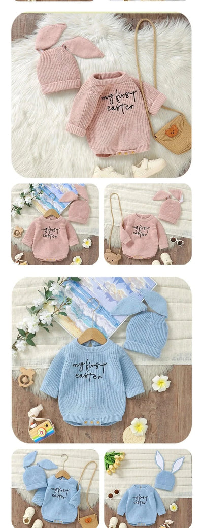 2pcs/Set 0-18m Knitted Jumpsuits Costume| Baby Rabbit Easter Clothes Sets |Cute Hats+ Bodysuits Spring Outfits for Newborn Boy Girl