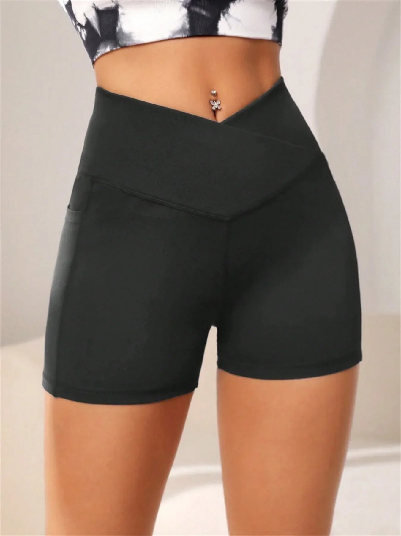 Women's High Cross Waist Biker Shorts Side Pockets Buttery Soft Comfy Criss Cross Running Yoga Athletic Short Pants