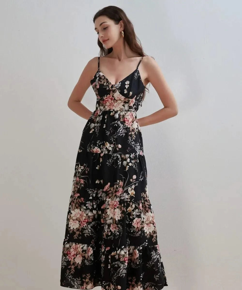 Women's Summer Black Floral V Neck Sleeveless Backless Halter Dress Fashion Elegant Sexy Bow Tie Black Backless Party Dresses
