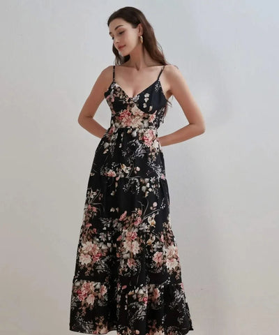 Women's Summer Black Floral V Neck Sleeveless Backless Halter Dress Fashion Elegant Sexy Bow Tie Black Backless Party Dresses