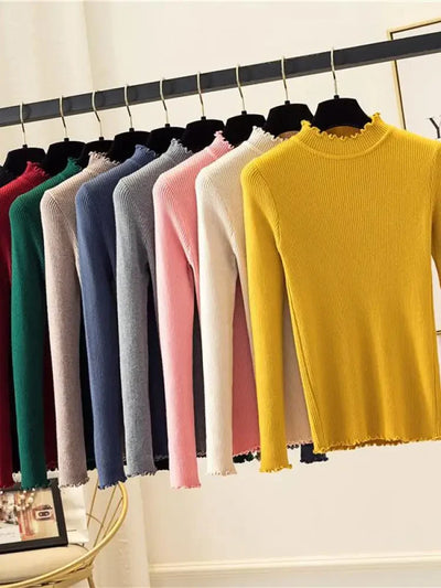 Mock Neck Clothes Knitted Woman Sweaters Pullovers Autumn Winter Basic Women's Jumper Slim Somen's Sweater Pull Long Sleeve