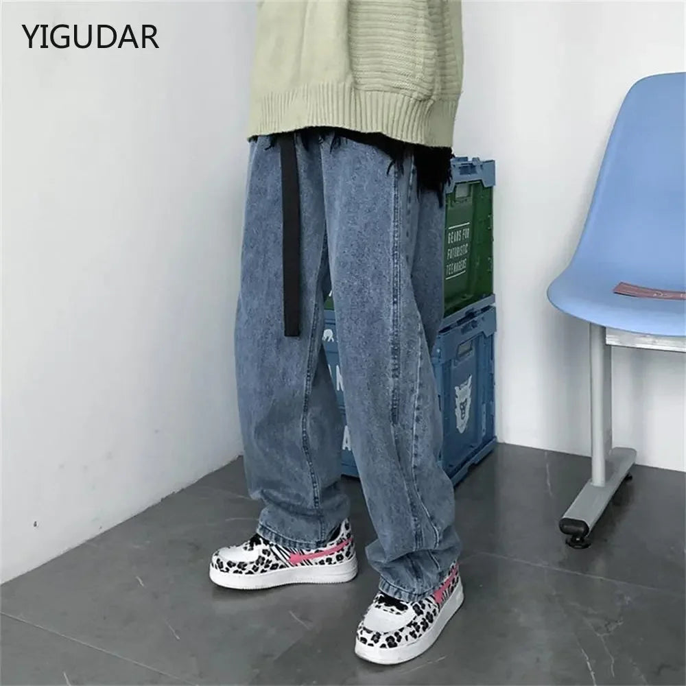 Men's Jeans 2025 Spring Autumn Korean Wide Leg Pants Fashion High Street Loose Straight Denim Trousers Male Clothing pants