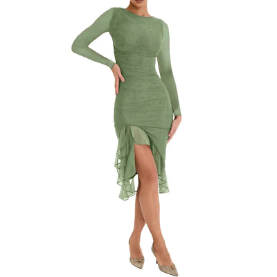 Women Midi Dress Long Sleeve Irregular Mesh Ruffles Mermaid Dress Sexy Backless Party Cocktail Dress