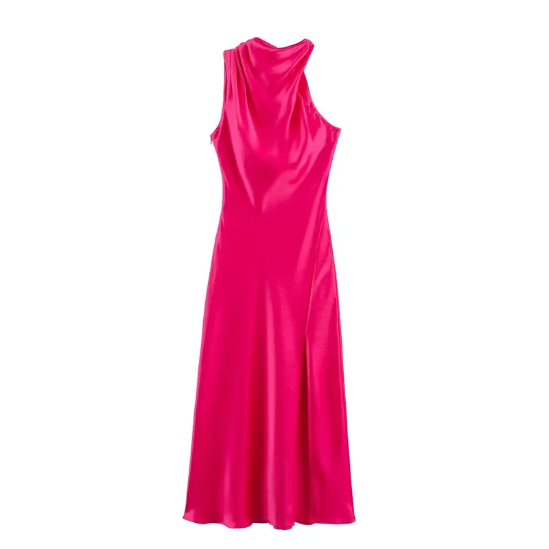 Women's Dress New Summer 2025 Rose Red Silk Satin Textured Sleeveless Midi Dress Asymmetrical Design Elegant temperament