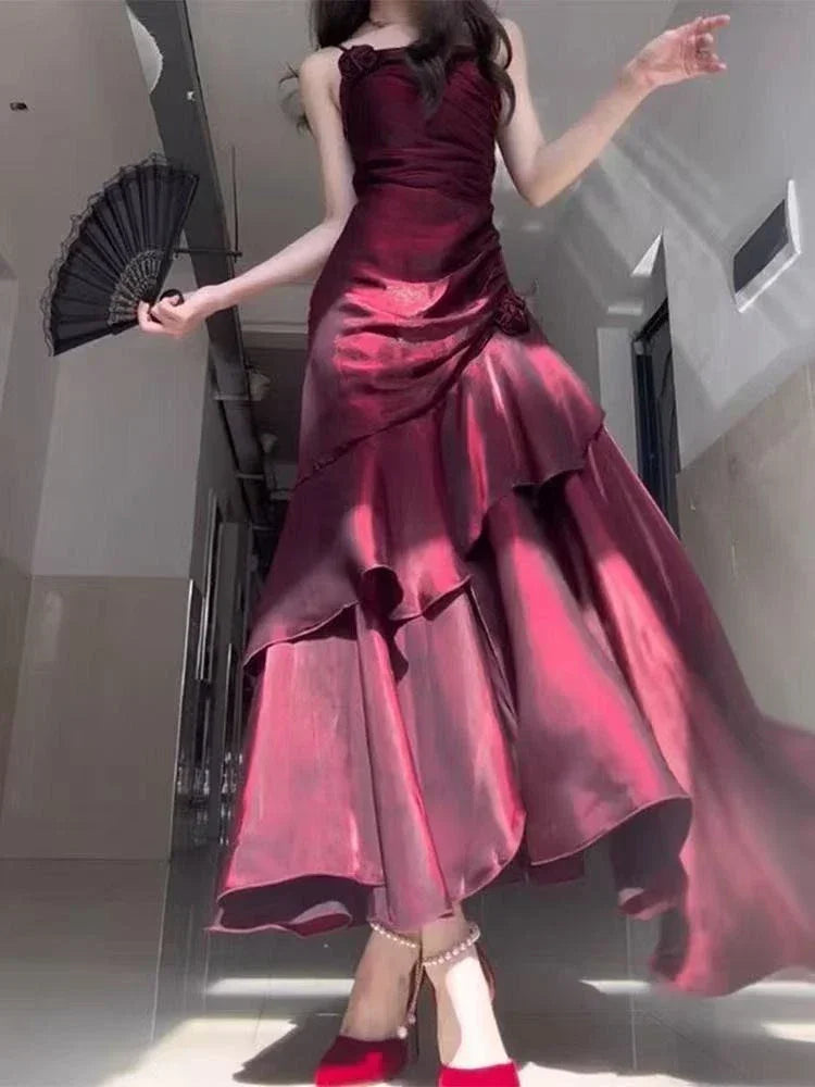 French Vintage Dress Women Lace Retro Elegant Evening Party Dress Female Sleeveless Chic Midi Dress 2025 Fashion Summer New