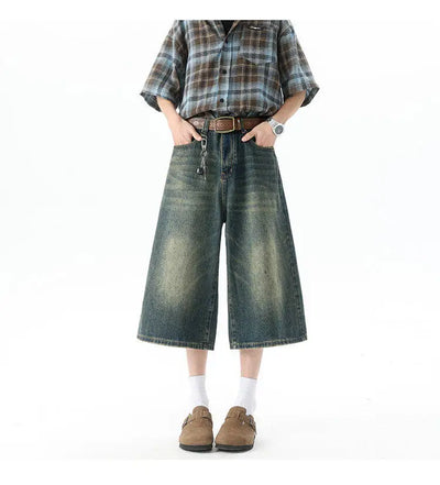 Trendy High-Waisted Wide-Leg Cropped Jeans for Men 2025 Summer Casual Stretch Denim Capri Pants Comfort Fit & Stylish Outfit 8XL