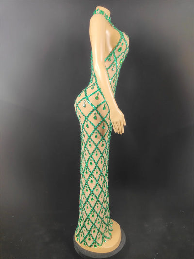 Women Sexy Stage Shining Rhinestone Sequins Dress Evening Prom Birthday Dress Transparent Performance Singer Club Host Dress