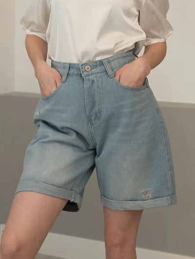 Women Denim Shorts Ripped Wide Leg Black High Waist Short Jeans Straight Leg Blue Denim Shorts For Women Summer Jean Shorts