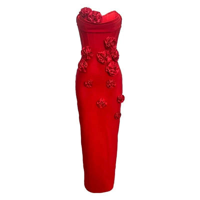Pink Red Color Women Sexy Strapless Off the Shoulder Florals Bodycon Long Bandage Dress Celebrate Fashion Evening Party Outfit