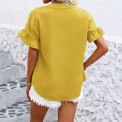 Women Button Solid Cotton Linen Blouses Summer 2025 Fashion Stand Up Short Sleeve Shirts Casual V-Neck Ruffles Office Lady Tops