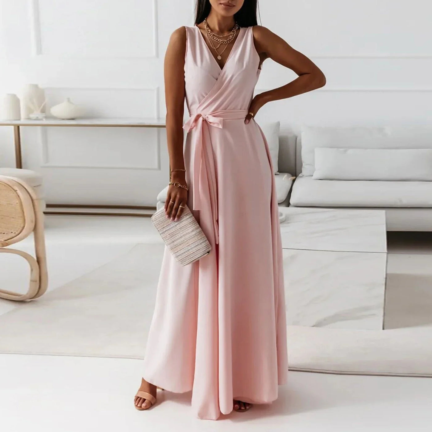 Women's Elegant Solid long dresses Casual Sleeveless High Waist Sexy Evening Formal dresses Fit And Flare Dresses For Women