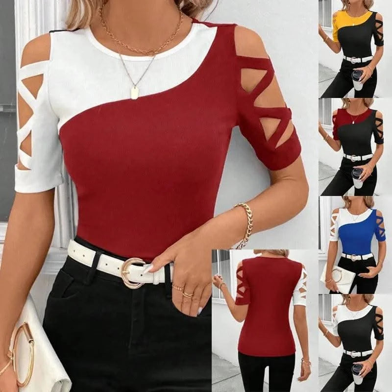 Women's Blouses T-shirt Summer New Colour Block Cross Off Shoulder