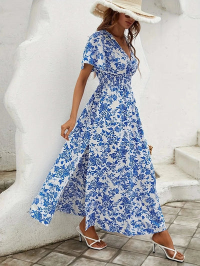 Summer Women Floral Print Dress Casual Short Sleeve Button Holiday Midi Dresses Female V-Neck Beach Boho Chic Dress Elegant Robe