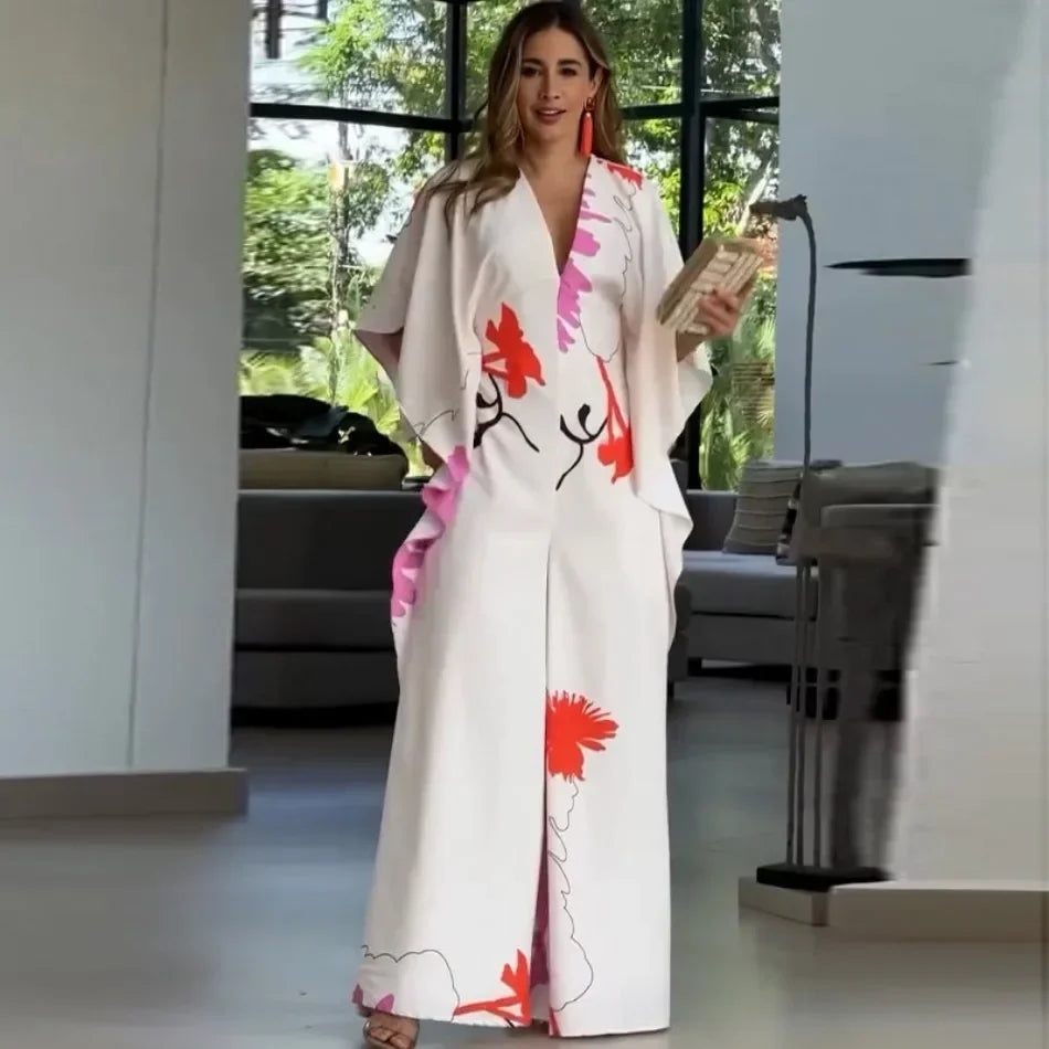 Jumpsuits for Woman Summer Printing Three Quarter Sleeves V Neck Jumpsuits Fashionable Casual Loose Women's Wide-leg Jumpsuit